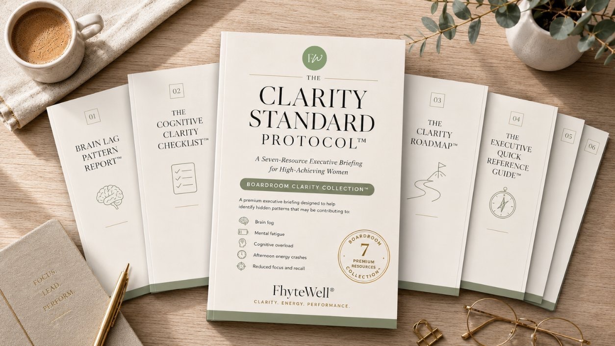 The Clarity Standard Protocol kit displayed on a desk with eucalyptus, coffee, and gold-rimmed reading glasses